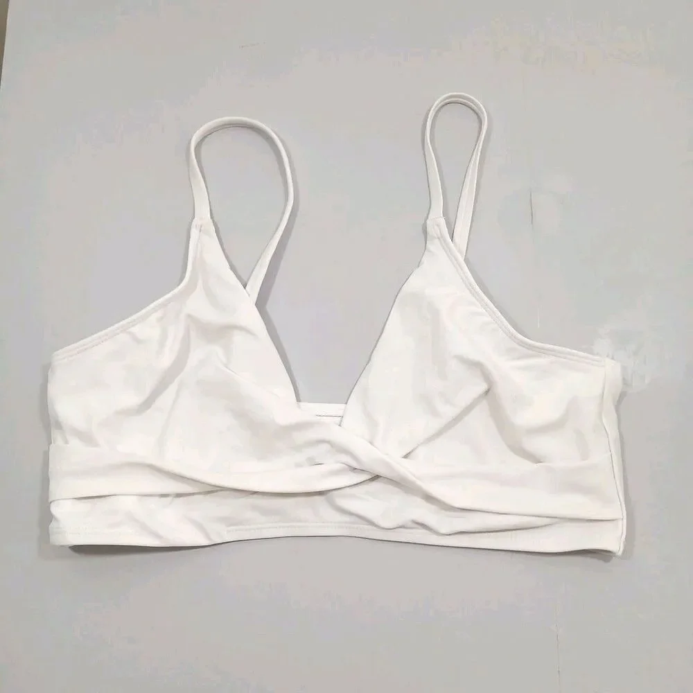Womens White V Neck Triangle Twisted Front Swimsuit Bikini Top Sz S/M 28
